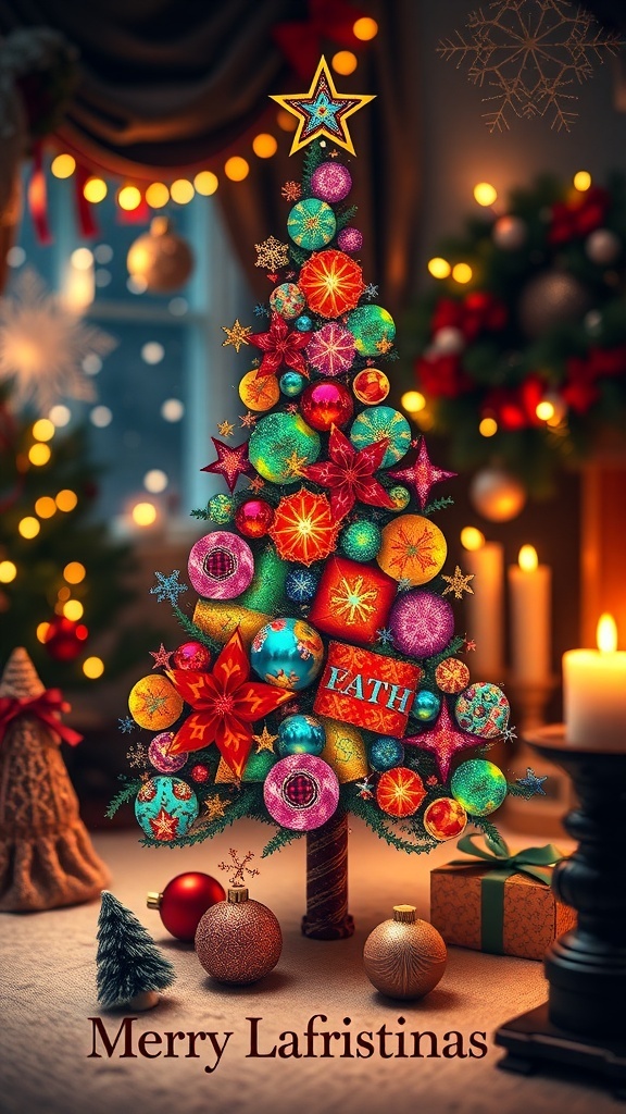 Creative Christmas Card Ideas for Math Enthusiasts A colorful fractal Christmas tree on a holiday card with mathematical symbols and decorations.